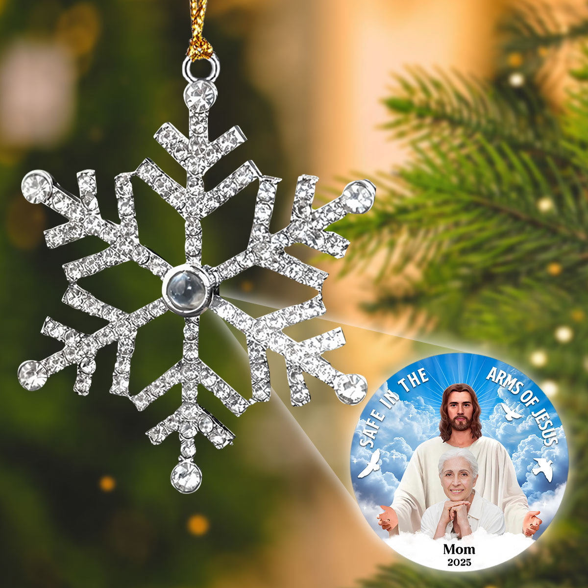 Safe In The Arms Of Jesus - Personalized Custom Photo Snowflake Projection Ornament