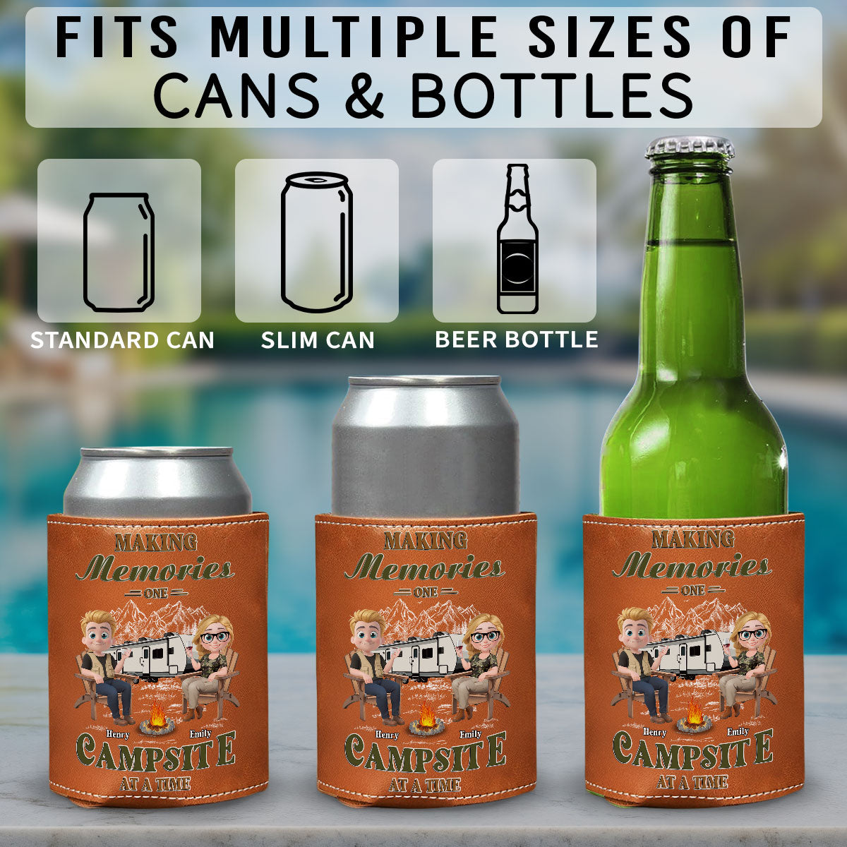 Memories At Campsite - Personalized Custom Leather Can Cooler Holder