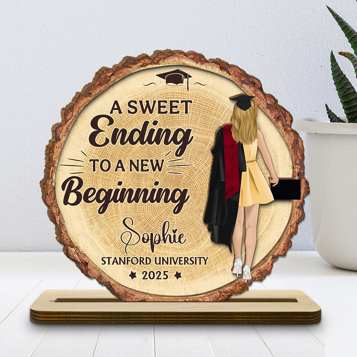 A Sweet Ending To A New Beginning - Personalized Custom 2-Layer Wood Plaque With Flat Base