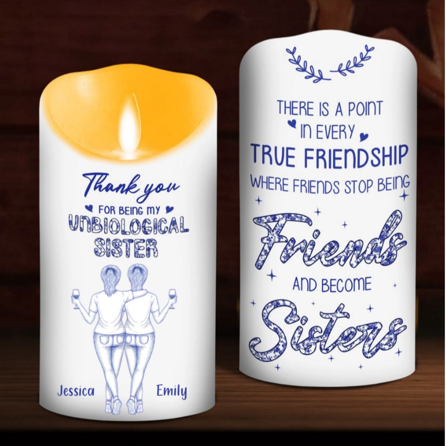 Where Friends Become Sisters Blue Toile - Personalized Custom LED Candle