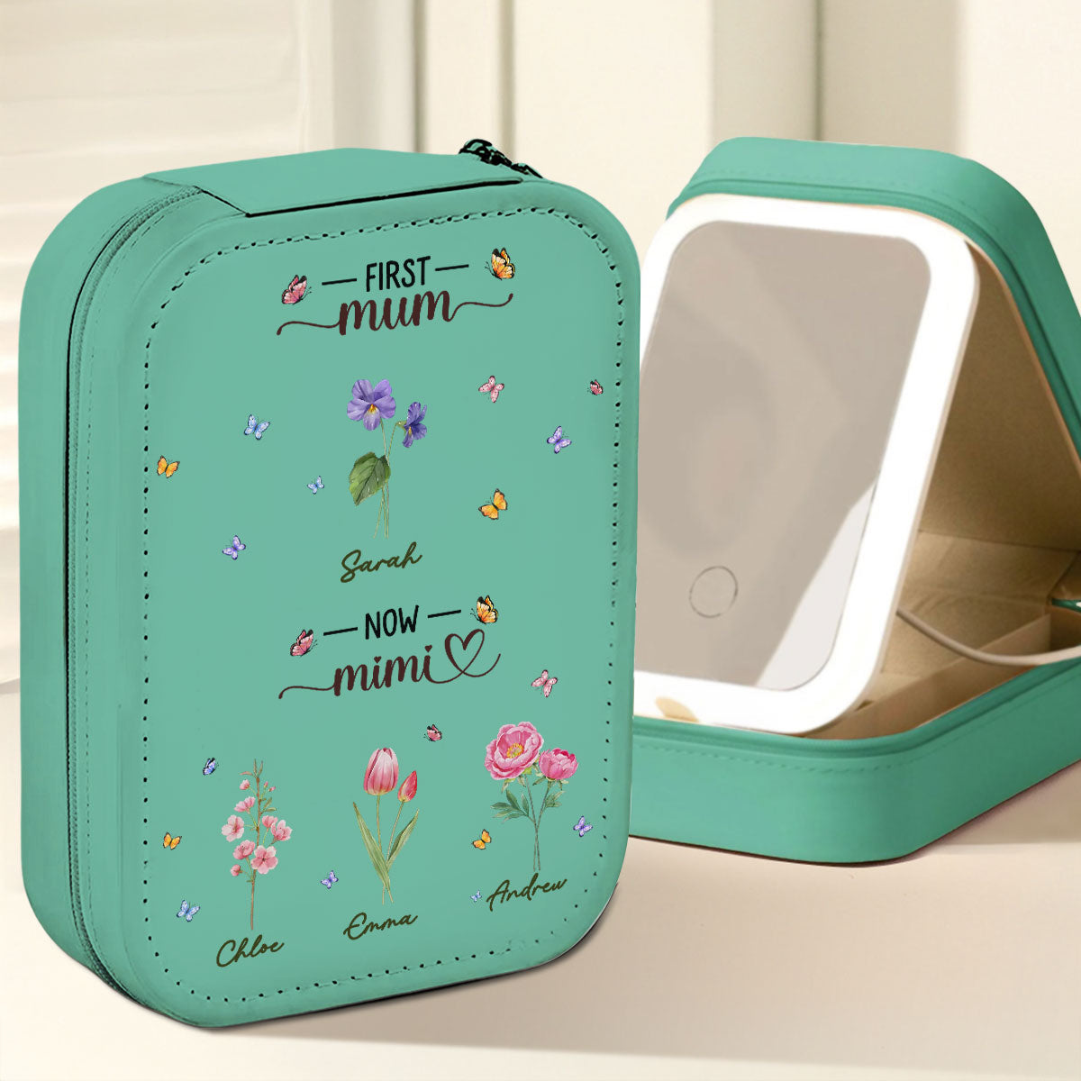 First Mom Now Grandma - Personalized Custom Jewelry Box With LED Mirror