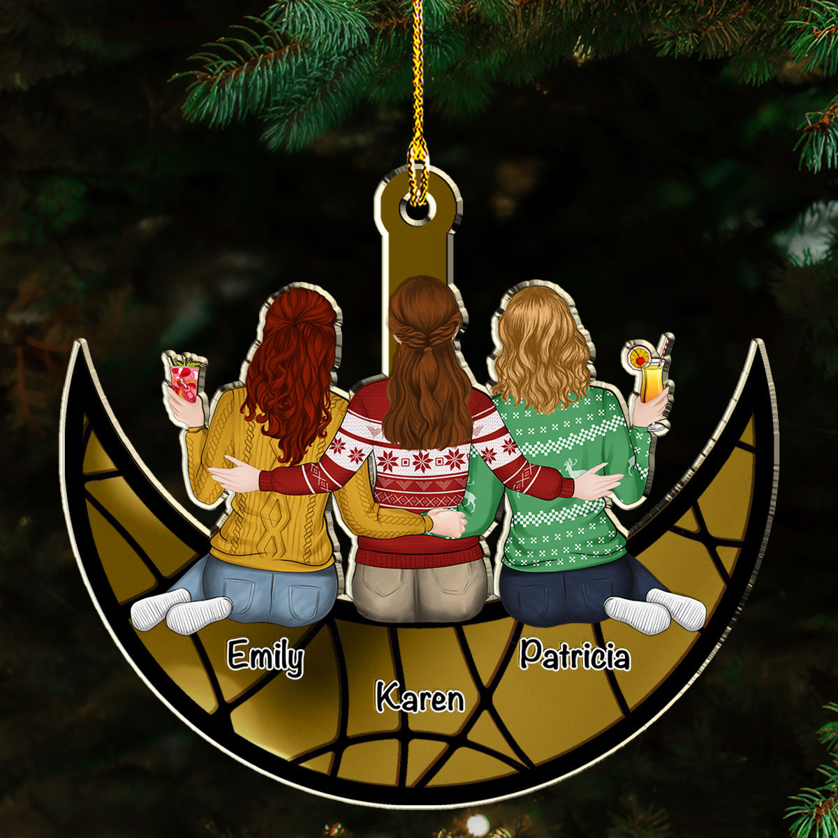 Besties Sitting On The Moon - Personalized Custom Mirrored Acrylic Ornament