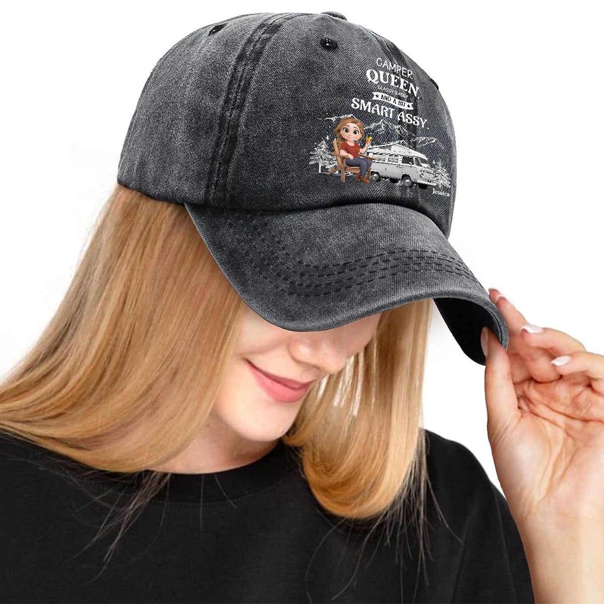 Truly A Queen Of Campers - Personalized Custom Vintage Washed Denim Cap