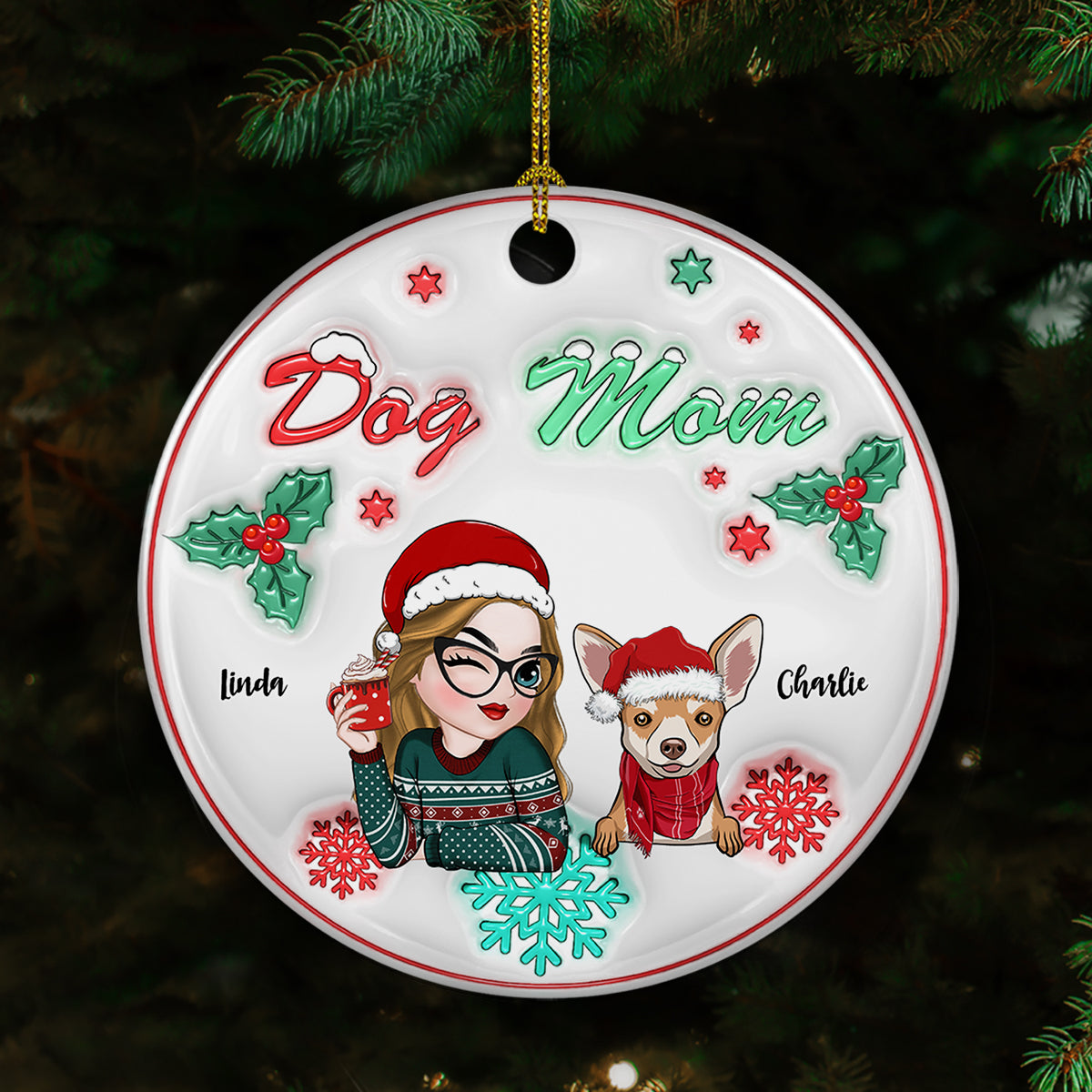 Dog Mom Pastel - Personalized Custom 3D Inflated Effect Ceramic Ornament