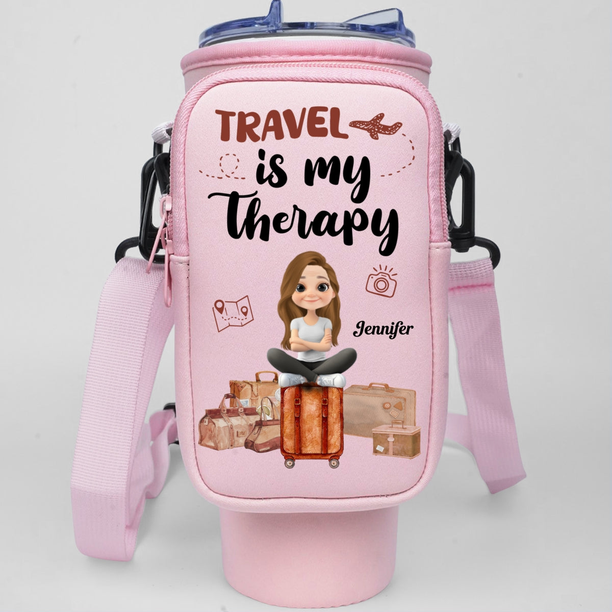 Travel Is My Therapy - Personalized Custom 40oz Water Bottle Carrier Bag