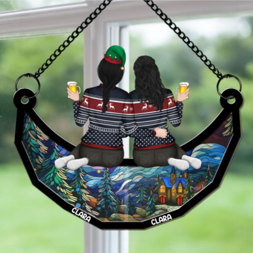 Besties Friends Sitting On The Moon - Personalized Custom Suncatcher