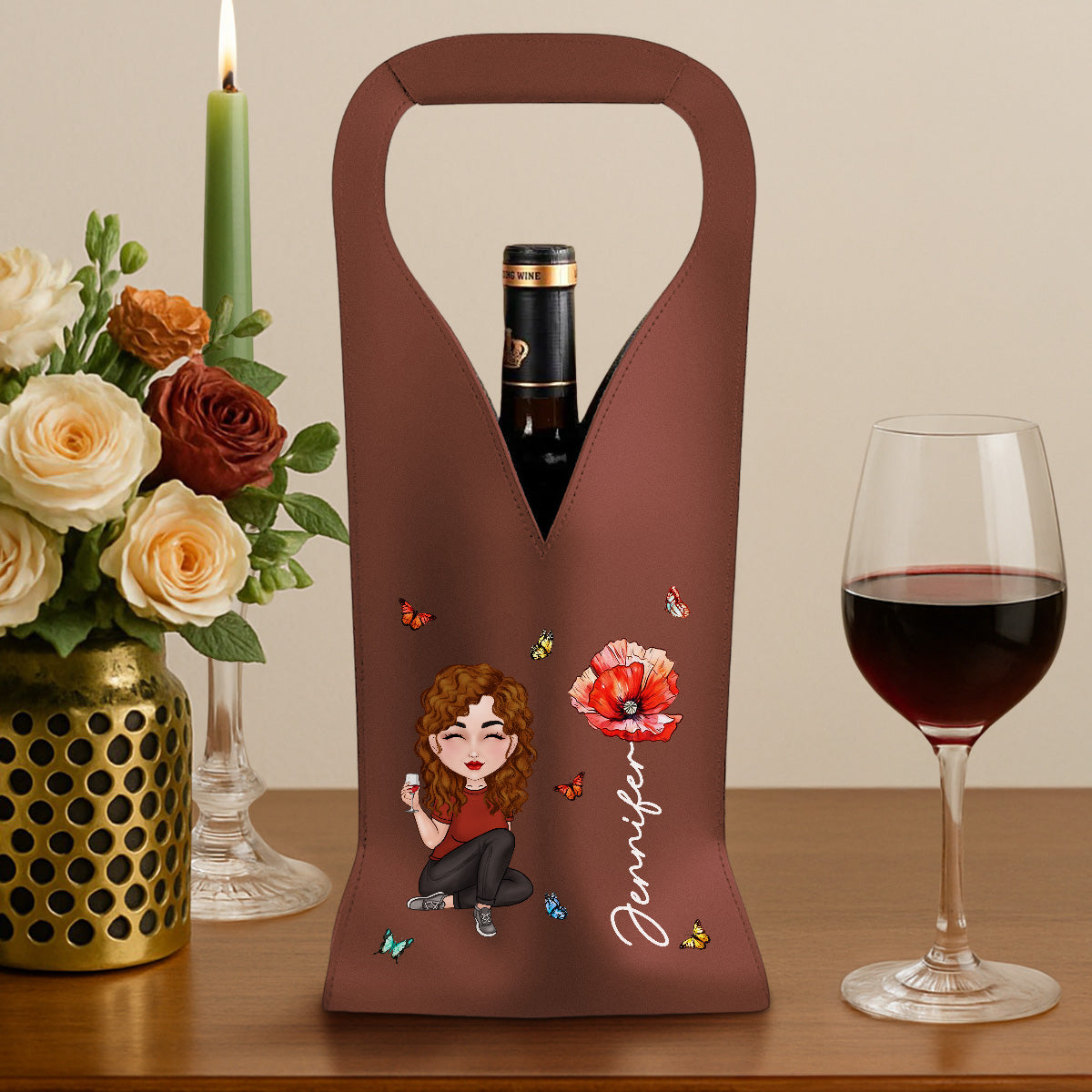 Cartoon Bloom Girl Charm - Personalized Custom Leather Wine Bag