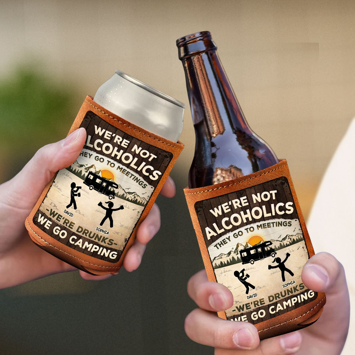 Alcoholics Go to Meetings We Go Camping - Personalized Custom Leather Can Cooler Holder