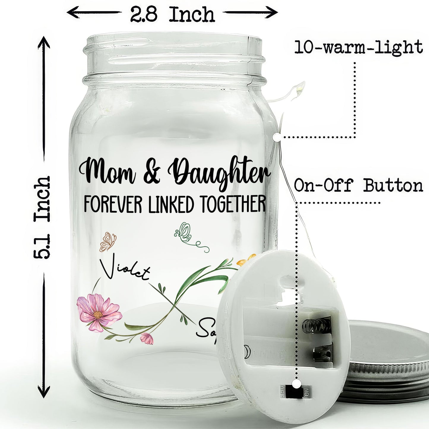 Mom And Daughter Forever Linked Together - Personalized Custom Mason Jar Light