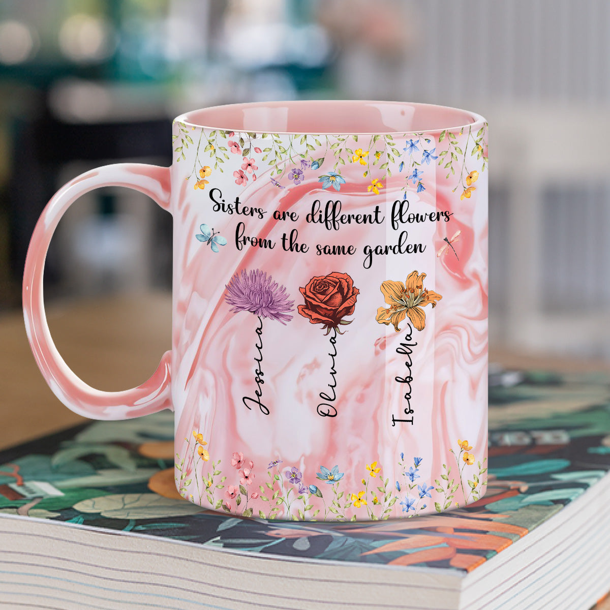 Sisters Are Different Flowers - Personalized Custom Pink Marble Mug