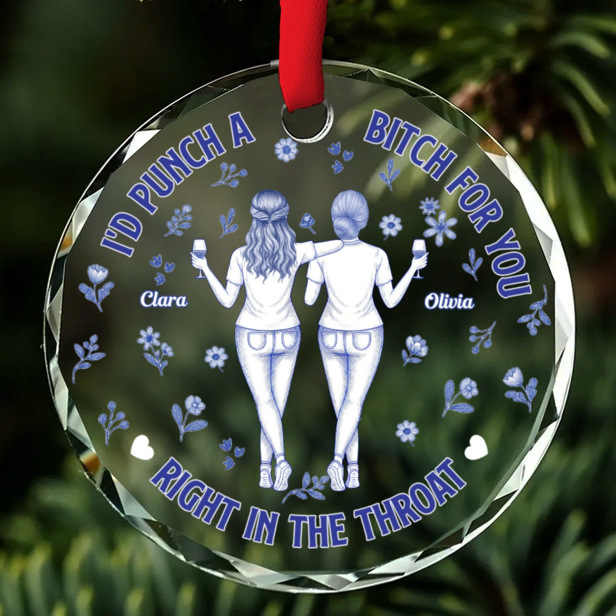 Punch Bitch Besties Blue Toile - Personalized Custom Glass Ornament