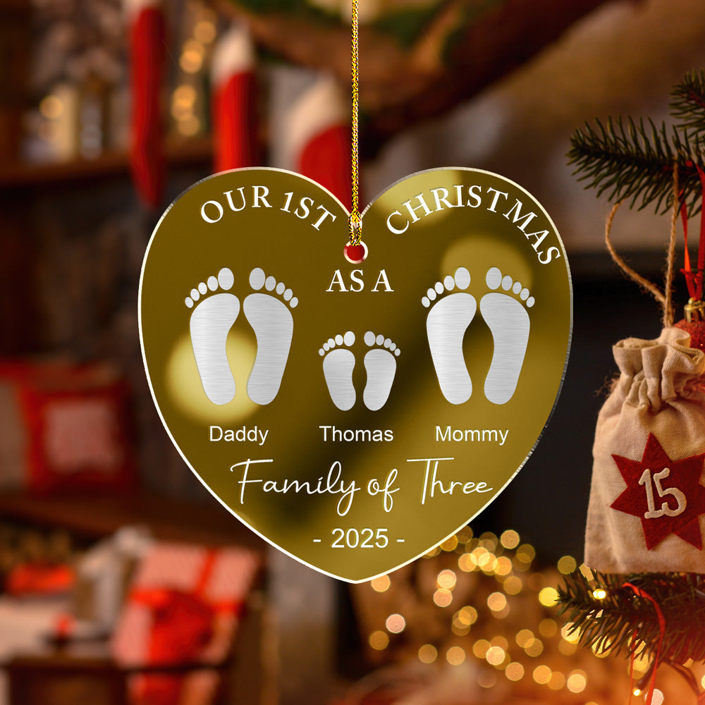 First Christmas As A Family Footprints  - Personalized Custom Mirrored Acrylic Ornament