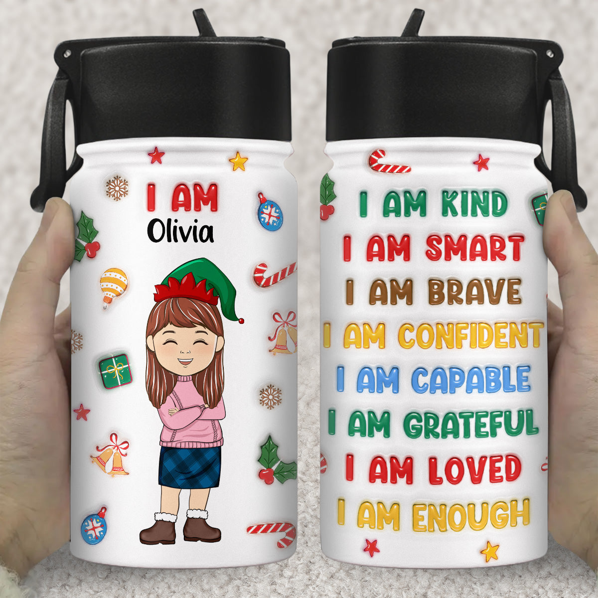 Kind Smart Loved Christmas - Personalized Custom 3D Inflated Effect Kids Water Bottle
