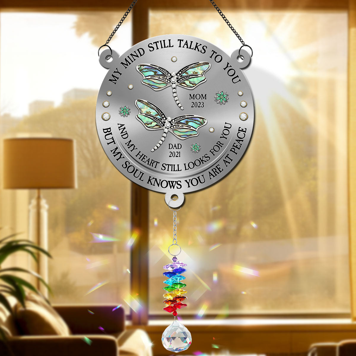 Dragonfly My Mind My Heart My Soul - Personalized Custom Suncatcher With Crystal Rainbow Charm