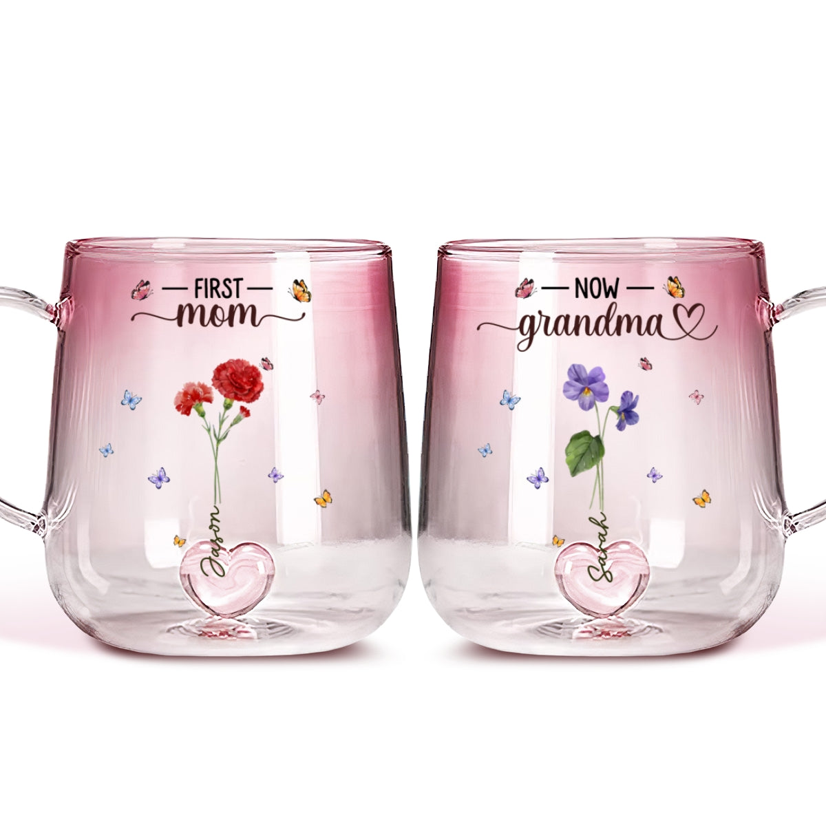 First Mom Now Grandma Flower - Personalized Custom Pink Gradient Glass Mug