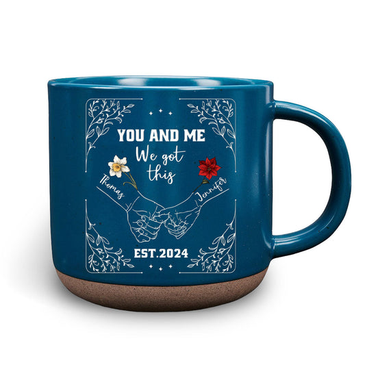 Birth Flower Hands In Hands - Personalized Custom Pottery Mug
