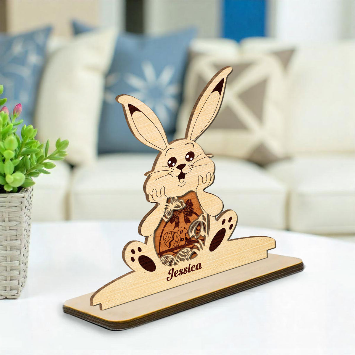 Bunny Bliss Celebration - Personalized Custom 2-Layer Wood Plaque With Flat Base