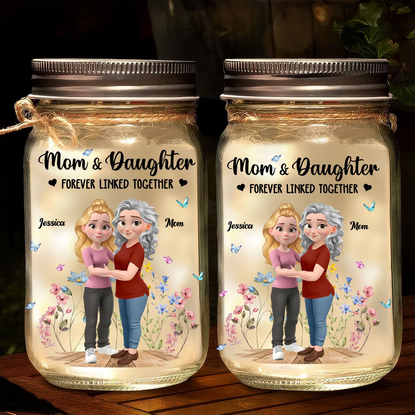 Mom And Daughter Forever Linked Together - Personalized Custom Mason Jar Light