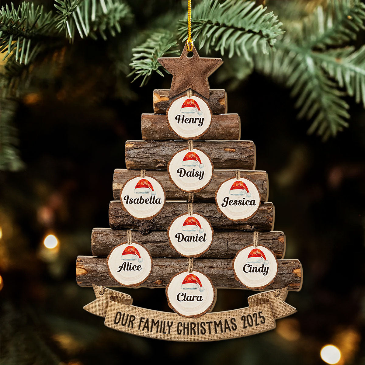 Rustic Family Christmas Tree - Personalized Custom Wood Ornament