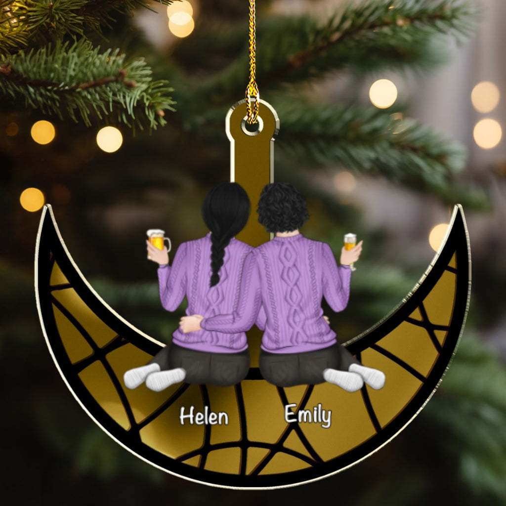 Besties Sitting On The Moon - Personalized Custom Mirrored Acrylic Ornament