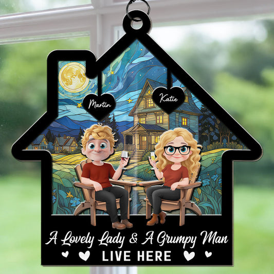 A Lovely Lady And A Grumpy Man - Personalized Custom Suncatcher