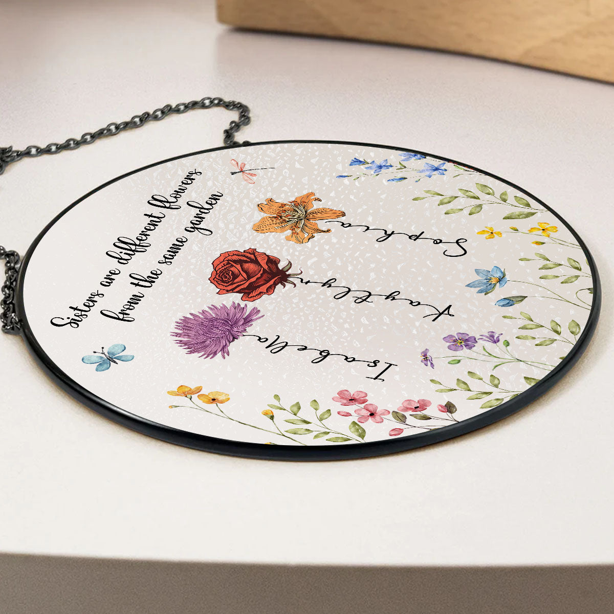 Sisters Are Different Flowers From The Same Garden - Personalized Custom Stained Glass Window Hanging Suncatcher