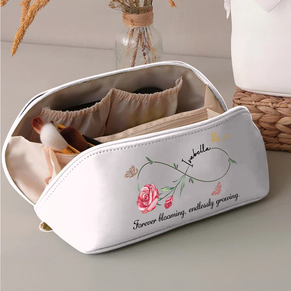 Forever Blooming, Endlessly Growing - Personalized Custom Leather Makeup Bag