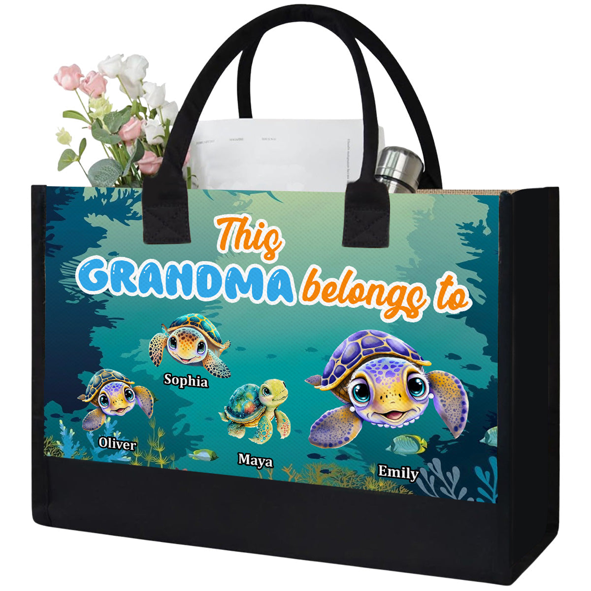 This Grandma Belongs To Turtle Summer - Personalized Custom Canvas Tote Bag