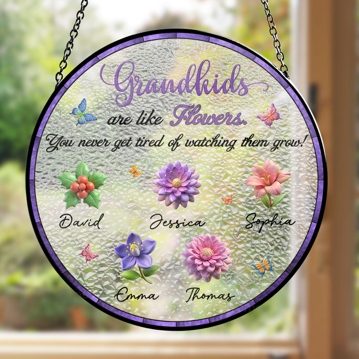 Never Get Tired Of Watching Grandkids Grow - Personalized Custom Window Hanging Suncatcher
