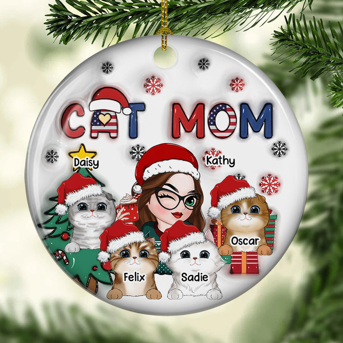 American Cat Mom Christmas - Personalized Custom 3D Inflated Effect Ceramic Ornament