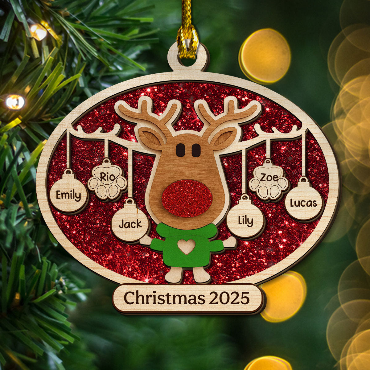 Christmas Reindeer Family Forever - Personalized Custom 2-layered Wood Ornament