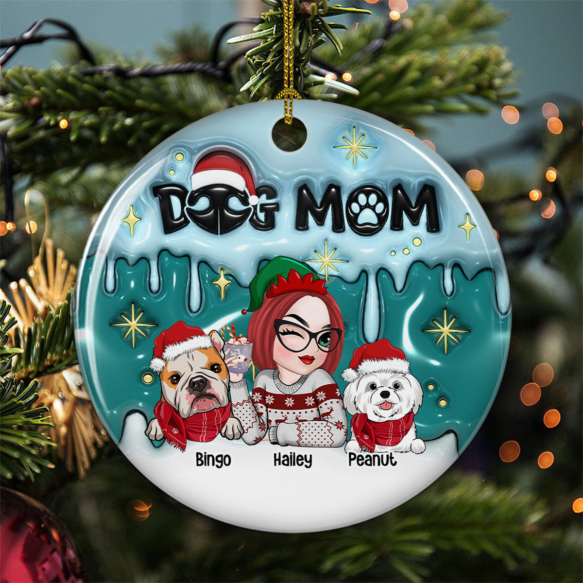 Holiday With Dog Mom - Personalized Custom 3D Inflated Effect Ceramic Ornament