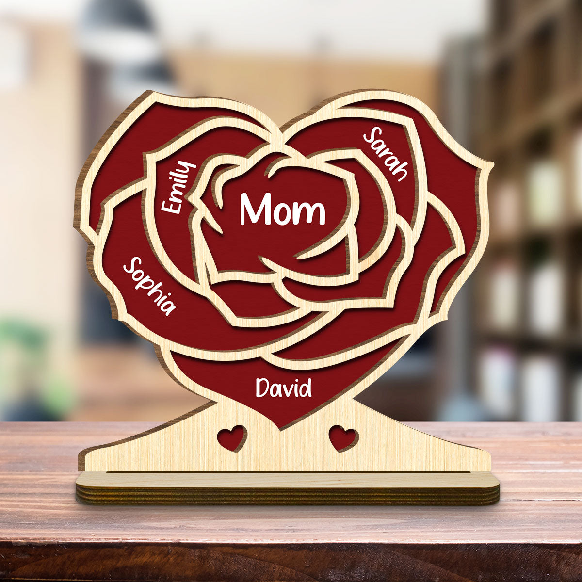 Family Flower - Personalized Custom 2-Layer Wood Plaque With Flat Base
