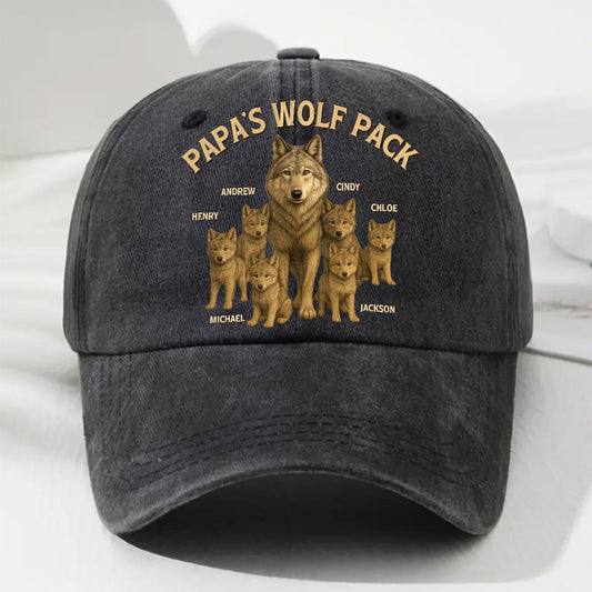 Papa's Wolf Pack - Personalized Custom Vintage Washed Denim Cap