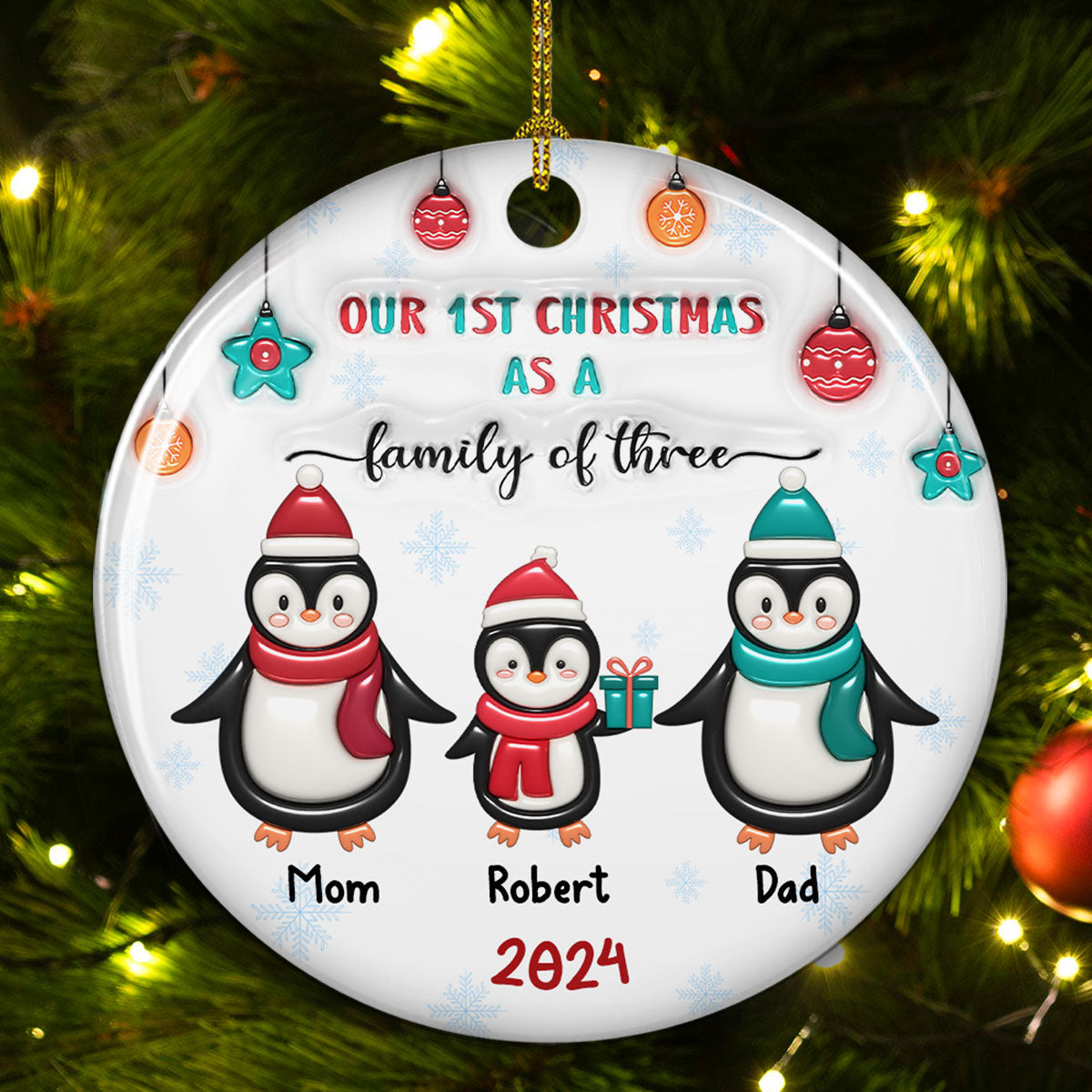 Penguin Family - Personalized Custom 3D Inflated Effect Ceramic Ornament