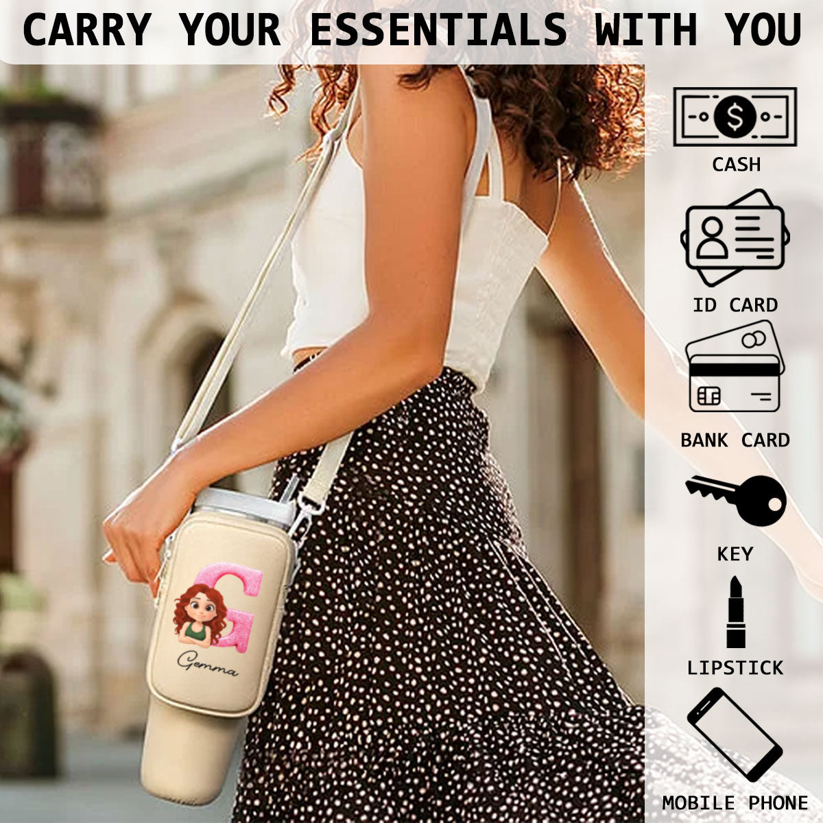 Glitter Alphabet Cartoon - Personalized Custom Water Bottle Carrier Bag