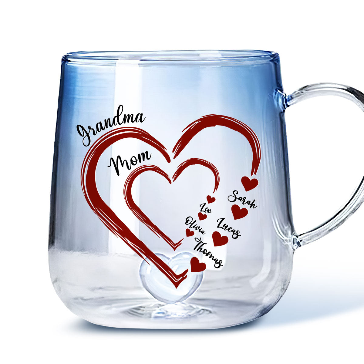 Mom Heart - Personalized Custom Blue Gradient Glass Mug
