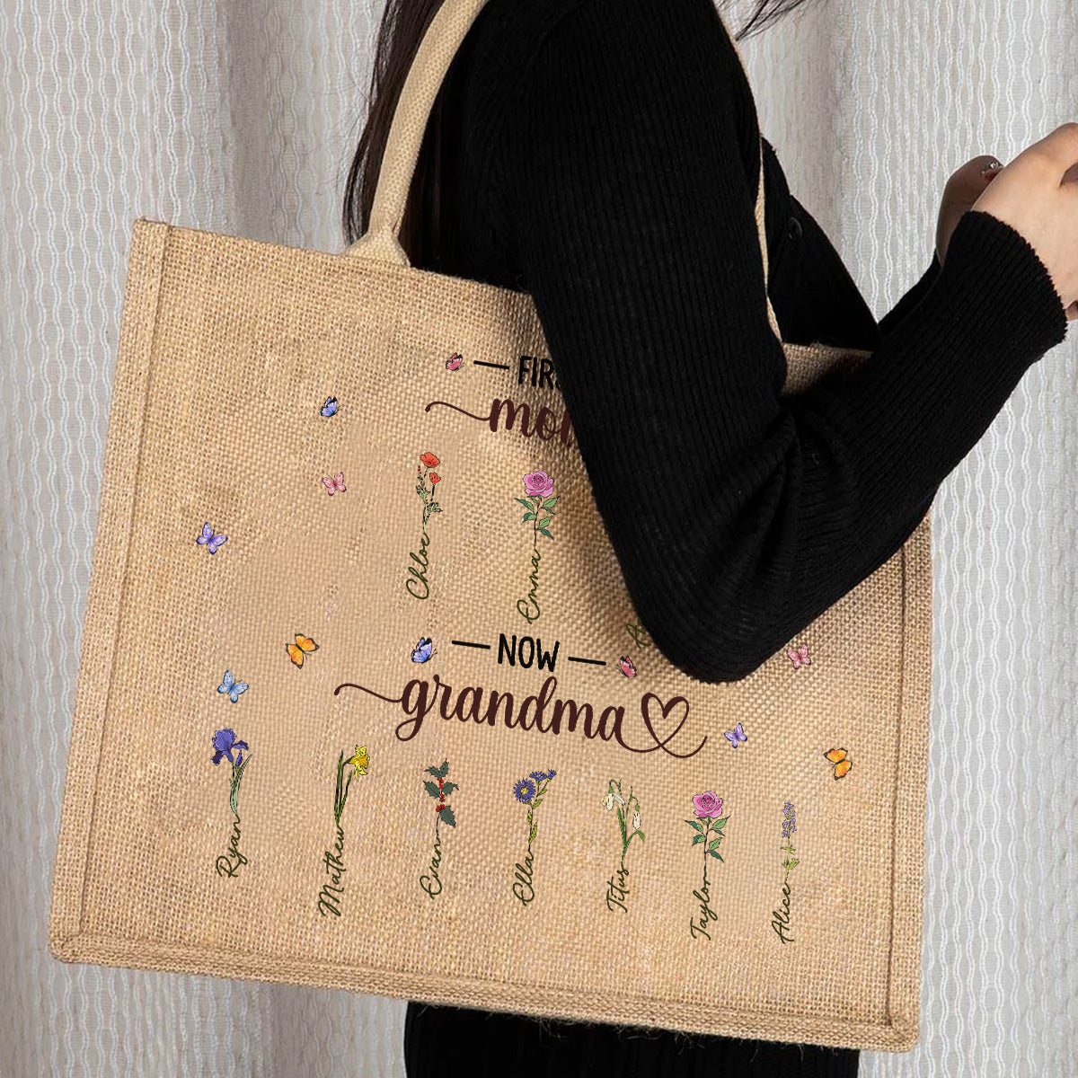 Charming Flowers Of Grandma - Personalized Custom Jute Tote Bag