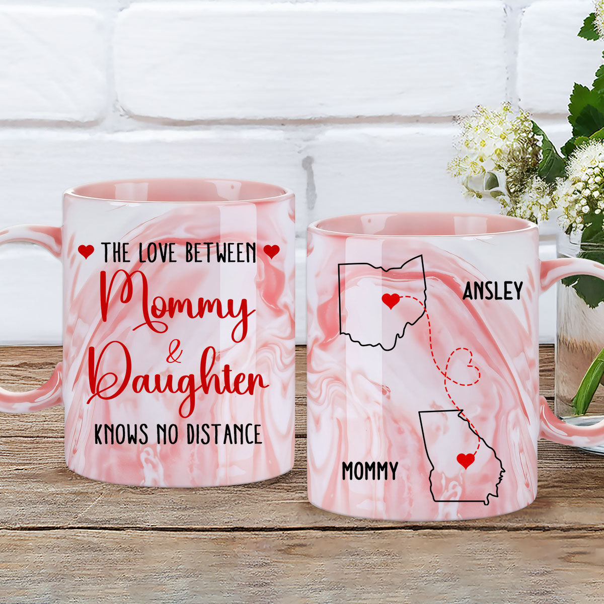 Knows No Distance - Personalized Custom Pink Marble Mug