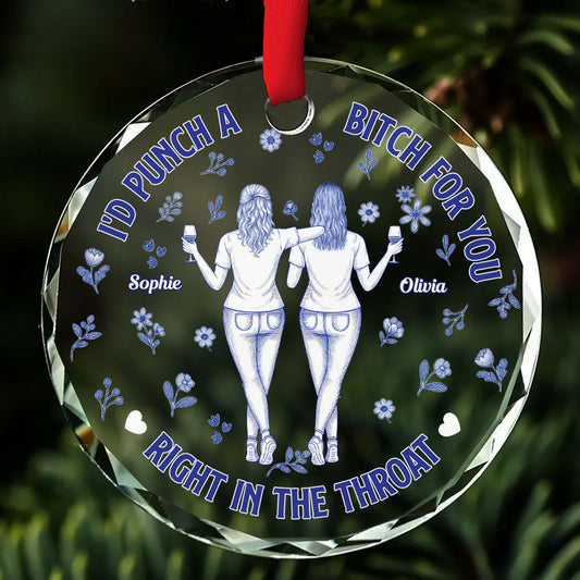 Punch Bitch Besties Blue Toile - Personalized Custom Glass Ornament