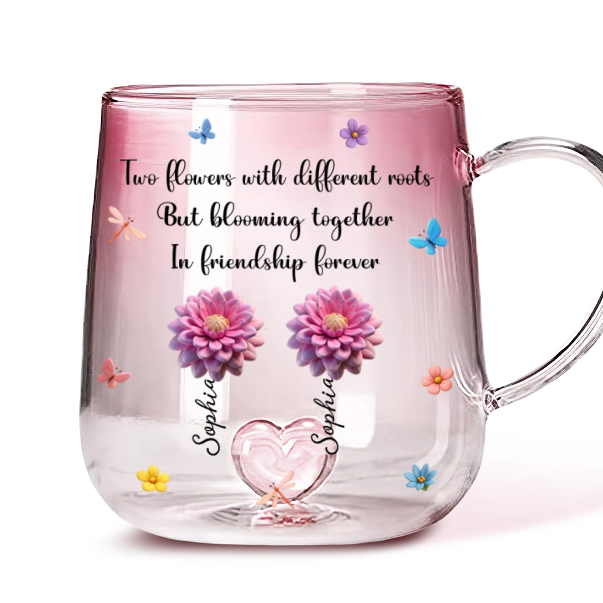 Strong Roots Endless Friendship Blossoms - Personalized Custom Pink Gradient Glass Mug