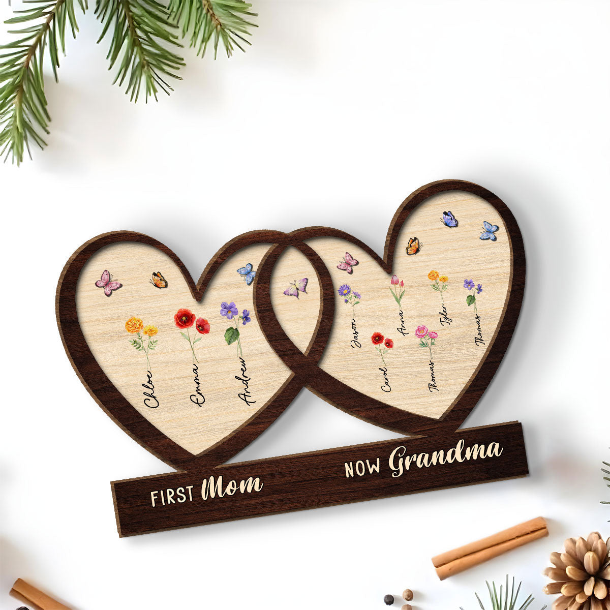 First Mom Now Grandma Flower -  Personalized Custom 2-Layer Wood Plaque With Flat Base