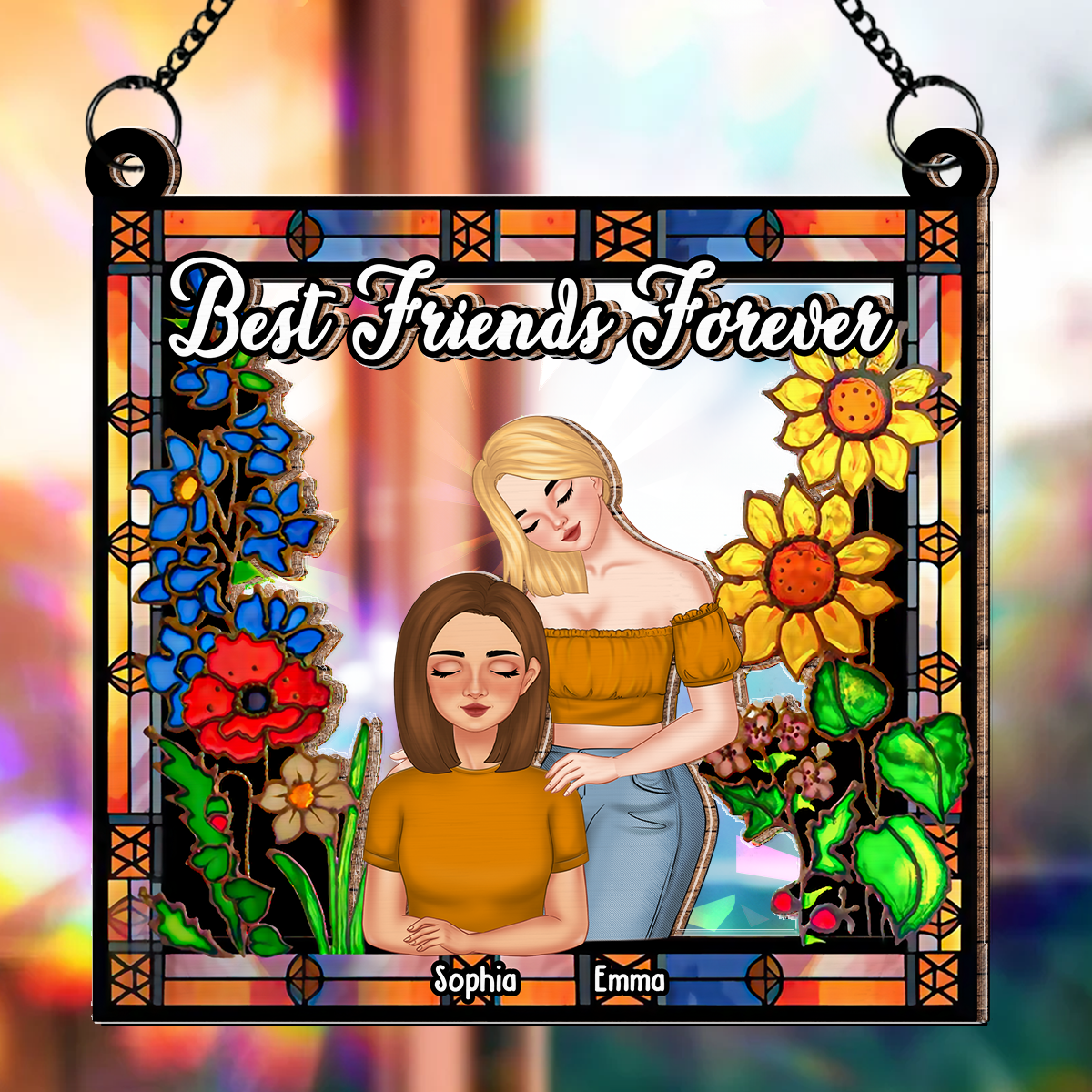 Besties Forever Floral Style - Personalized Custom Rainbow Suncatcher
