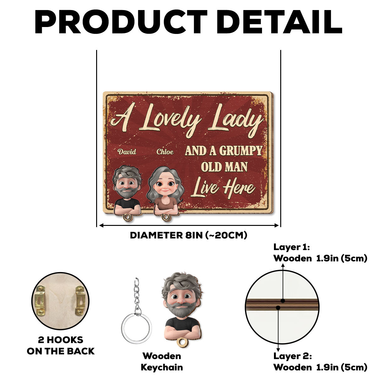 A Lovely Lady And A Grumpy Man - Personalized Custom Wooden Key Holder With Keychain