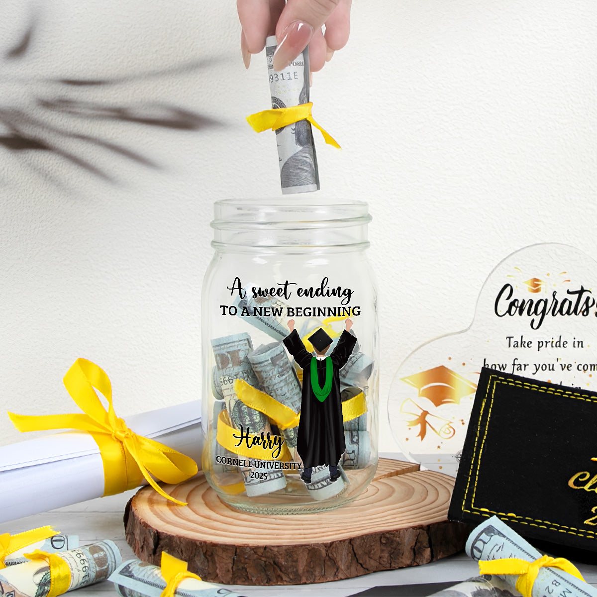A Sweet Ending To A New Beginning - Personalized Custom Graduation Mason Jar Light