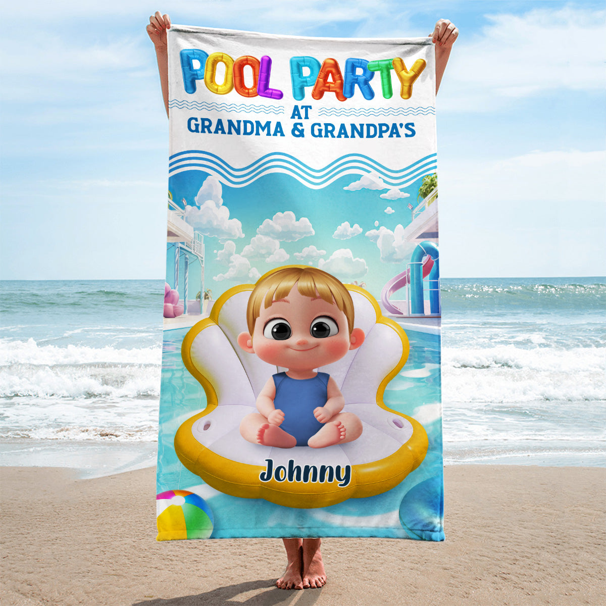 Pool Party At Grandma And Grandpa - Personalized Custom Beach Towel