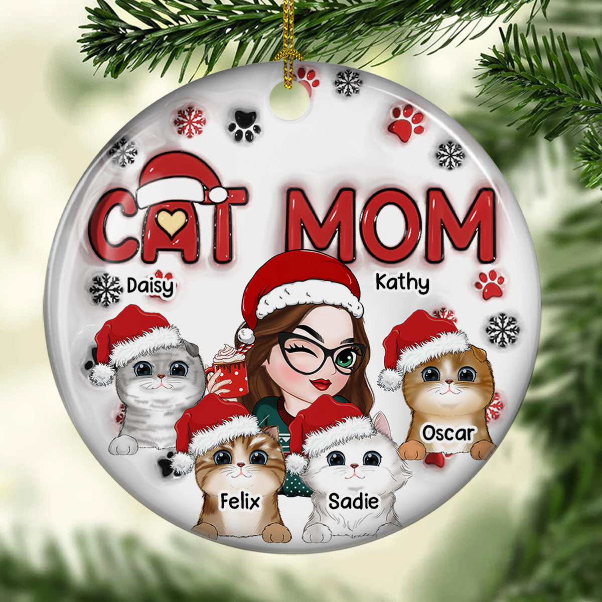 Cat Mom Christmas -  Personalized Custom 3D Inflated Effect Ceramic Ornament