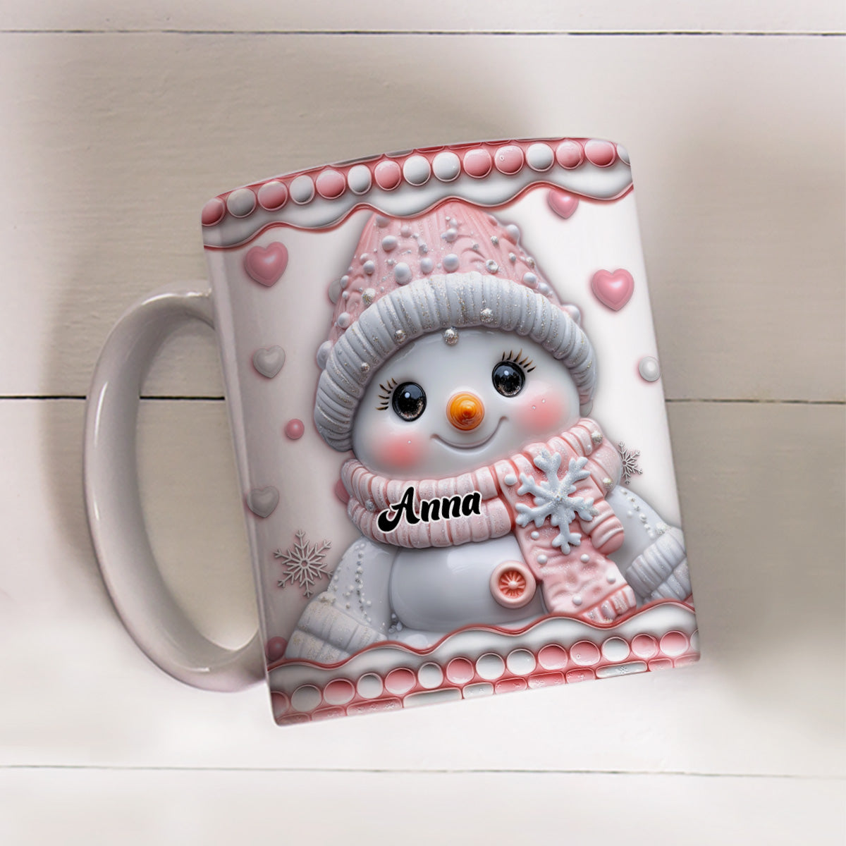 Cute Pink Snowman - Personalized Custom 3D Inflated Effect Mug