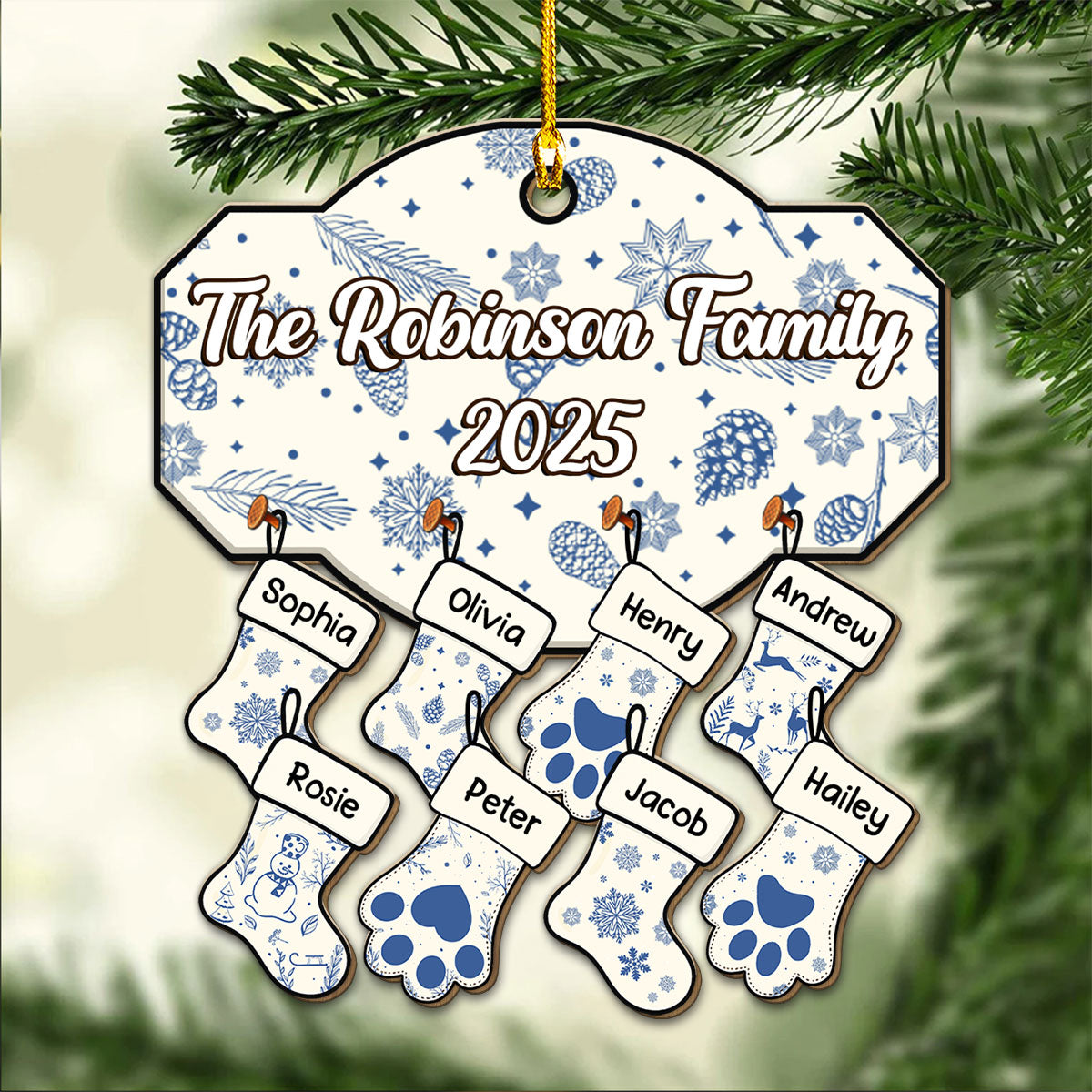 Blue Family With Pet - Personalized Custom Wood Ornament