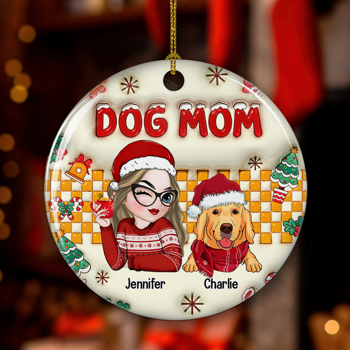 Dog Mom Snow - Personalized Custom 3D Inflated Effect Ceramic Ornament